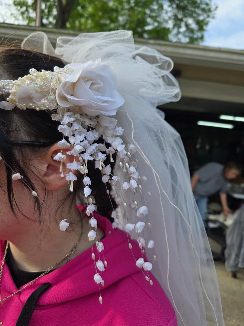 Vintage 1980s Beaded Bridal Headpiece & Veil • Pearls • Lace Trim
